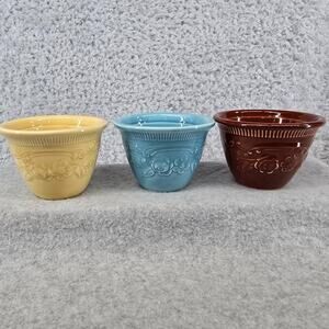 TS&T Taylor Smith & Taylor Ramekin Brown Blue Tan Custard Oven Serve Lot of 3